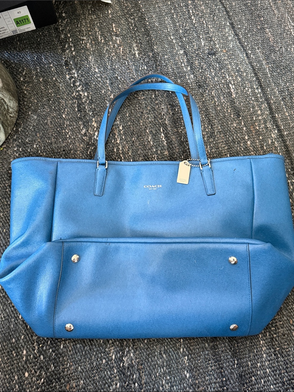 Coach Blue Leather Double-Handle Tote with Polished Tag